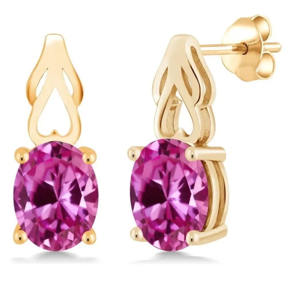 18K Yellow Gold 925 with 4.80 Cttw Pink Sapphire Oval Post Back Drop Earrings
